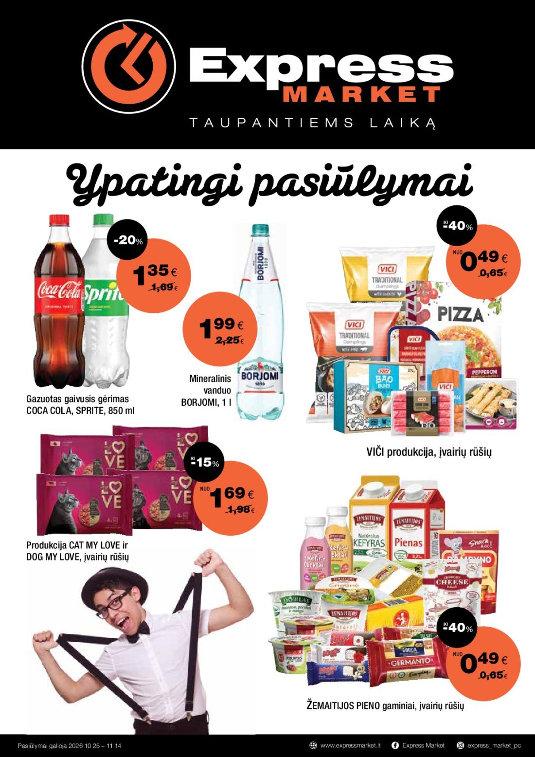 EXPRESS MARKET akcijų leidinys, 1 psl.: Ypatingi pasiulymai Mineralinis Gazuotas gaivusis gėrimas vanduo COCA COLA SPRITE BORJOMI VIČI produkcija…