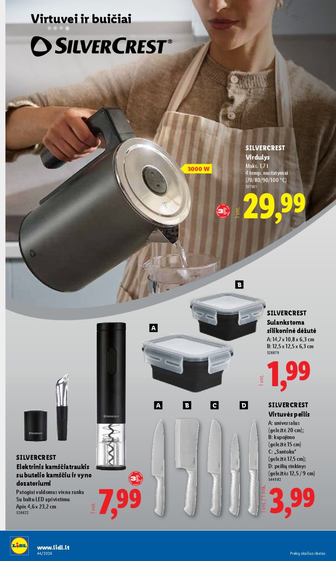 LIDL Ne maisto prekių pasiūlymai, 12 psl.: Virtuvei buičiai SILVERCREST Virdulys Maks temp nustatymai vnt.29,99 Sulankstoma silikoninė dėžutė vnt.1,99…