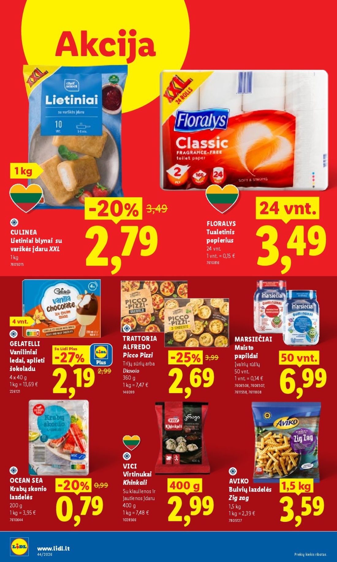 LIDL Maisto prekių pasiūlymai, 14 psl.: Akcija FLORALYS CULINEA Tualetinis popierius Lietiniai blynai varškės įdaru XXL TRATTORIA GELATELLI…