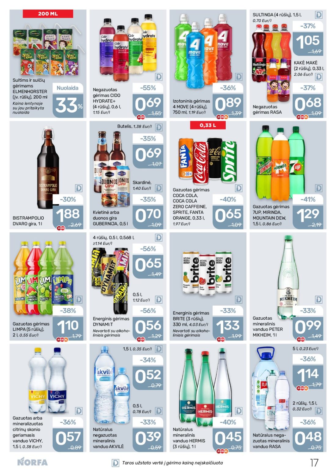NORFA akcijų leidinys Nr.22, 17 psl.: SULTINGA rūšių Eur/l KAKĖ MAKĖ Sultims sulčių gėrimams Nuolaida ELMENHORSTER Negazuotas gėrimas CIDO HYDRATE…