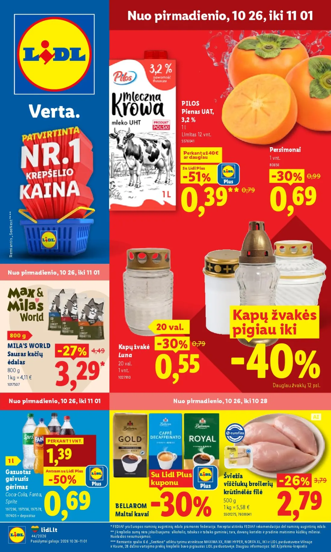 LIDL Maisto prekių pasiūlymai, 1 psl.: pirmadienio PILOS Pienas UAT Limitas Persimonai Perkant daugiau Lidl Plus tis Kapų žvakės val pigiau MILA’S W…