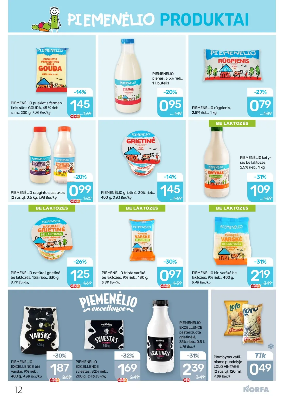 NORFA akcijų leidinys Nr.22, 12 psl.: PRODUKTAI PIEMENĖLIO pienas butelis puskietis fermen tinis sūris GOUDA rūgpienis Eur/kg LAKTOZĖS kefy ras rau…