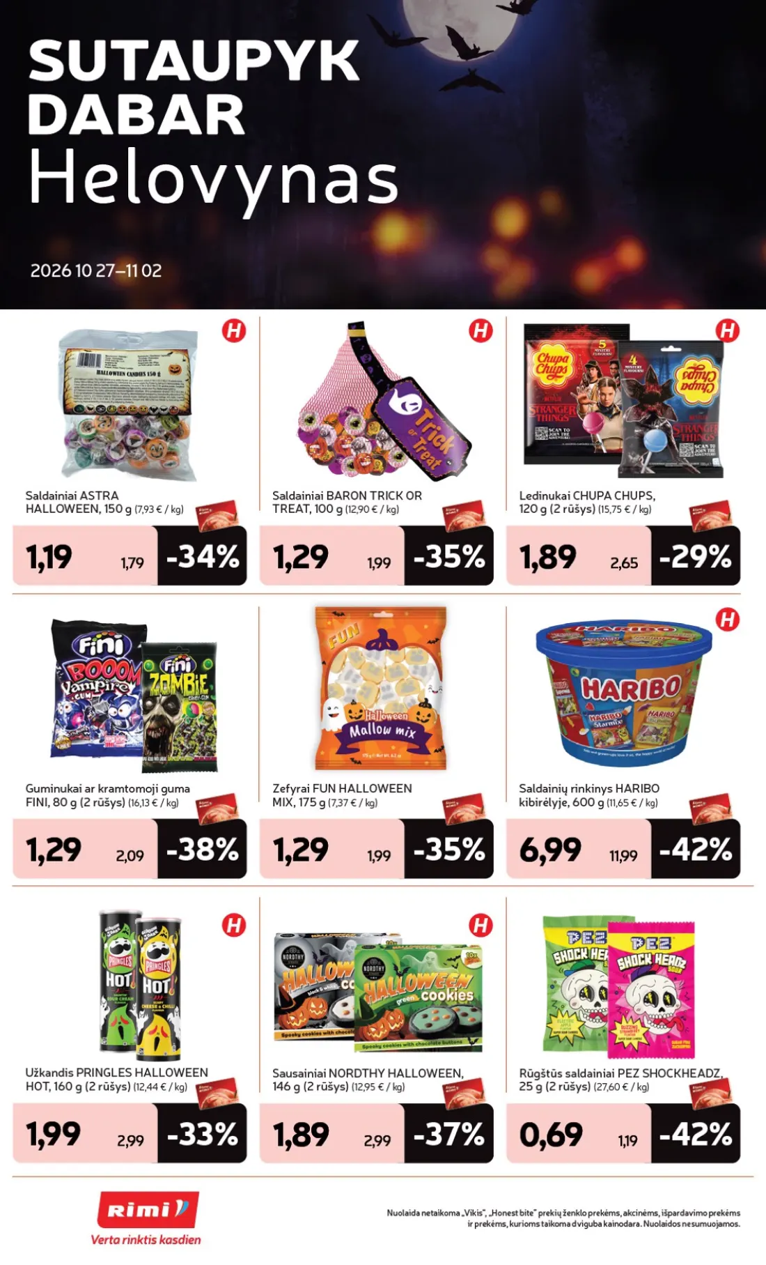 „Rimi“ savaitinis leidinys Nr. 44, 4 psl.: SUTAUPYK DABAR Helovynas Saldainiai ASTRA HALLOWEEN BARON TRICK TREAT Ledinukai CHUPA CHUPS rūšys Guminukai k…