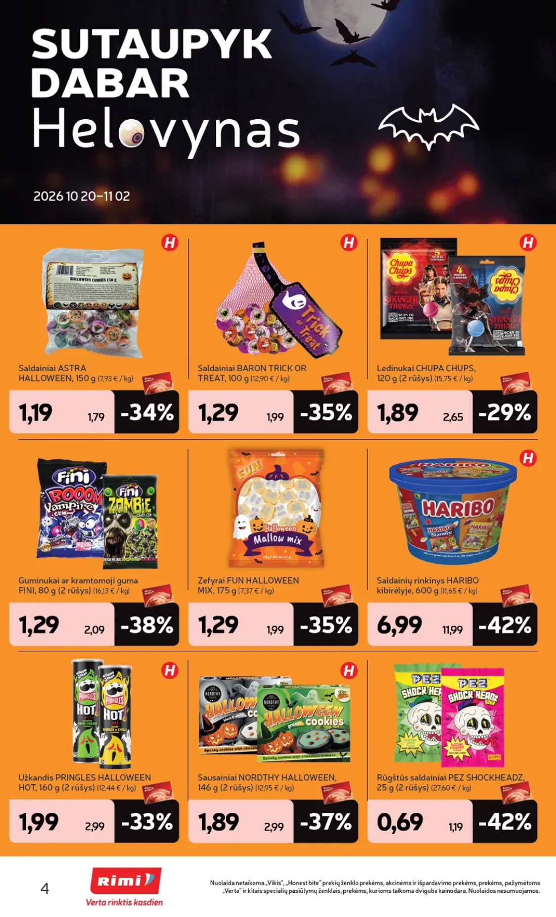 RIMI Helovynas 2026, 4 psl.: SUTAUPYK DABAR Helovynas Saldainiai ASTRA HALLOWEEN BARON TRICK TREAT Ledinukai CHUPA CHUPS rūšys Guminukai k…