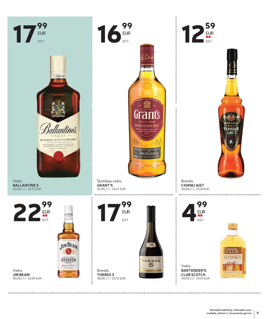 RIMI Alkoholinių gėrimų asortimento katalogas Nr. 21, 9 psl.: Vartodami alkoholį rizikuojate savo sveikata šeimos visuomenės gerove Viskis BALLANTINE’S Škotiškas GRANT’S B…