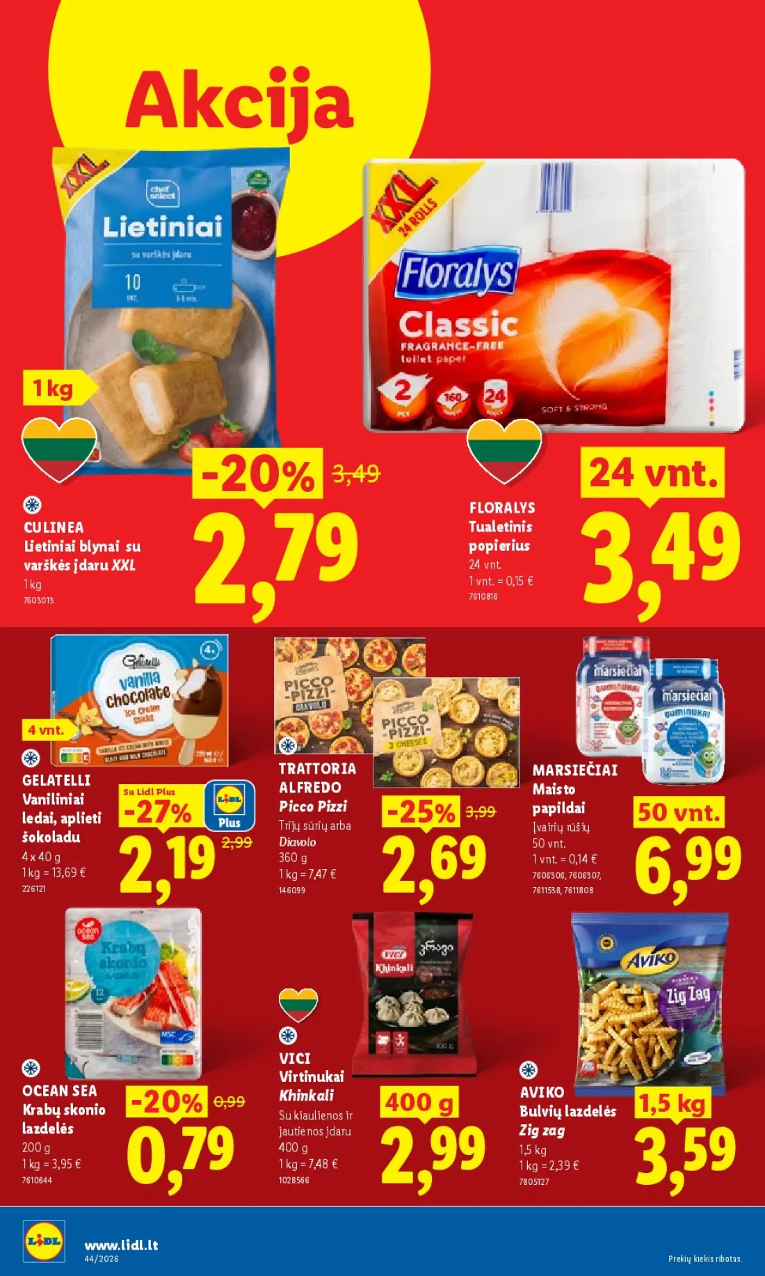 LIDL Maisto prekių pasiūlymai, 14 psl.: Akcija FLORALYS CULINEA Tualetinis popierius Lietiniai blynai varškės įdaru XXL TRATTORIA GELATELLI MARSIEČIA…