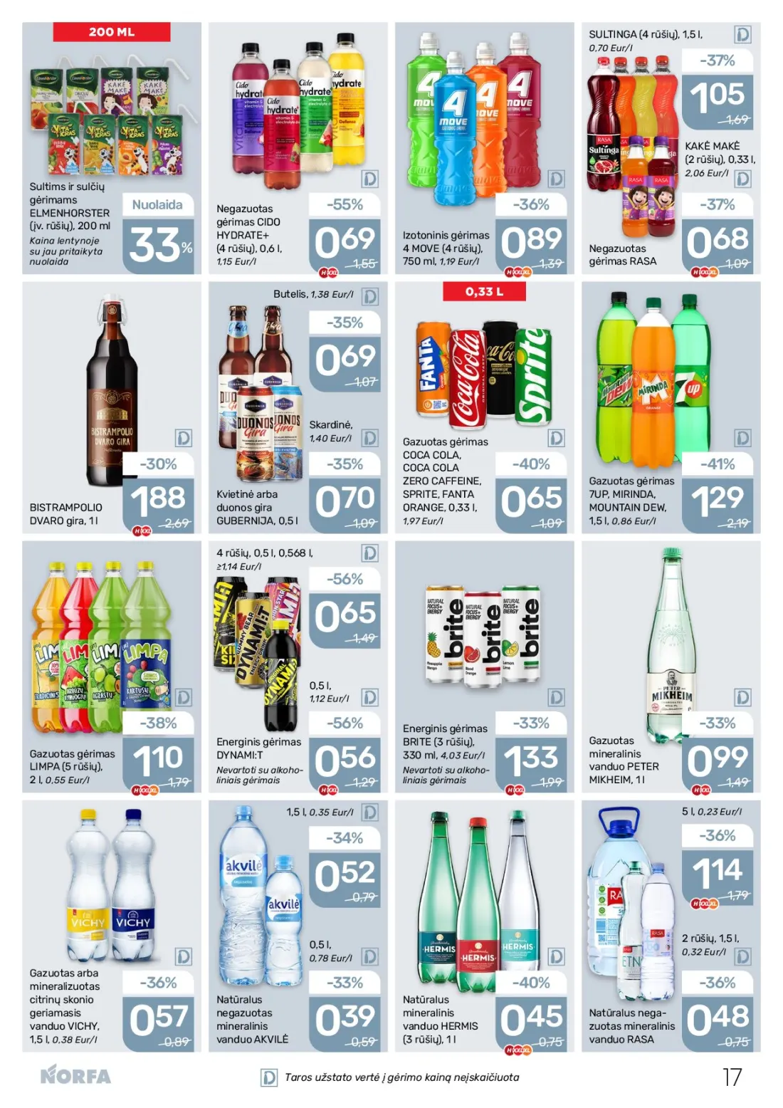 NORFA akcijų leidinys Nr.22, 17 psl.: SULTINGA rūšių Eur/l KAKĖ MAKĖ Sultims sulčių gėrimams Nuolaida ELMENHORSTER Negazuotas gėrimas CIDO HYDRATE…