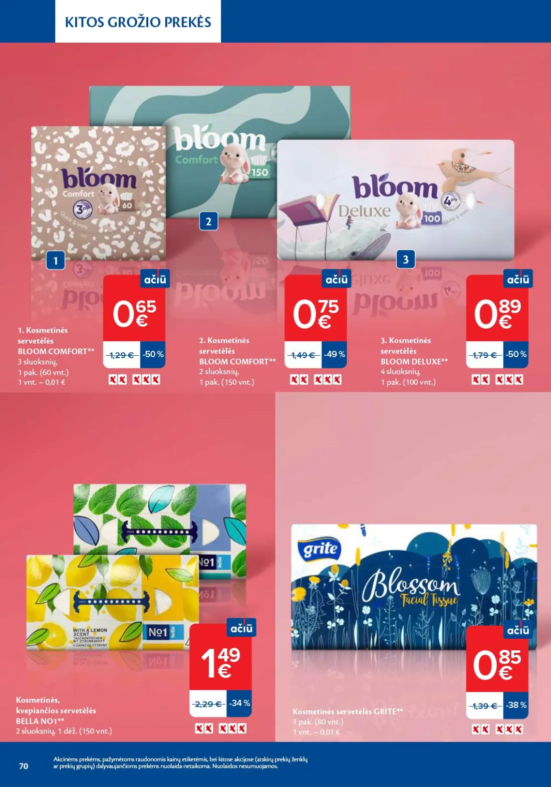 MAXIMA Grožio mugė, 70 psl.: KITOS GROŽIO PREKĖS Kosmetinės servetėlės BLOOM COMFORT sluoksnių pak DELUXE kvepiančios BELLA NO1 dėž GRITE…